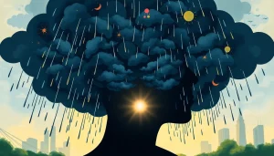 Explore depression symptoms illustrated as a silhouette filled with contrasting emotions.