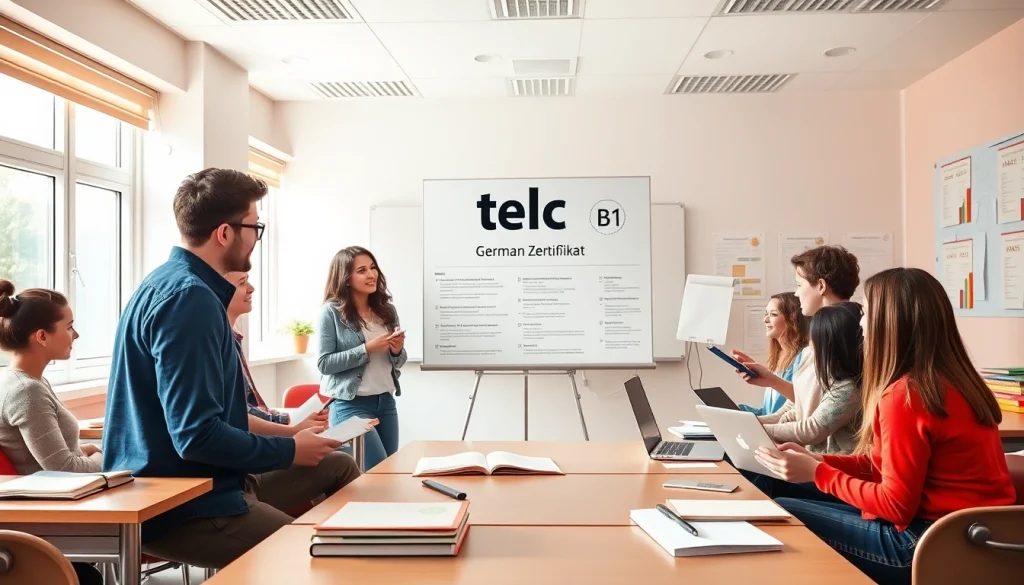 Students studying for the telc B1 Zertifikat in a bright, engaging classroom atmosphere.