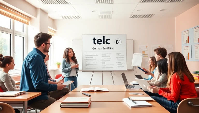 Students studying for the telc B1 Zertifikat in a bright, engaging classroom atmosphere.