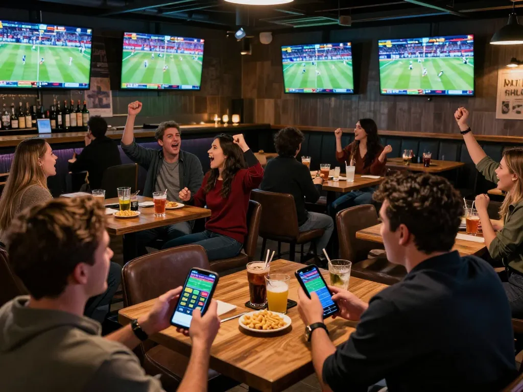Thể thao tx88 patrons actively engaging in sports betting at a lively sports bar, smartphones in hand.