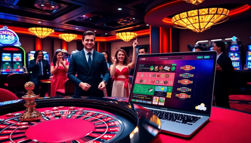 Excited players engaging at the CM88 casino featuring roulette and slot machines.