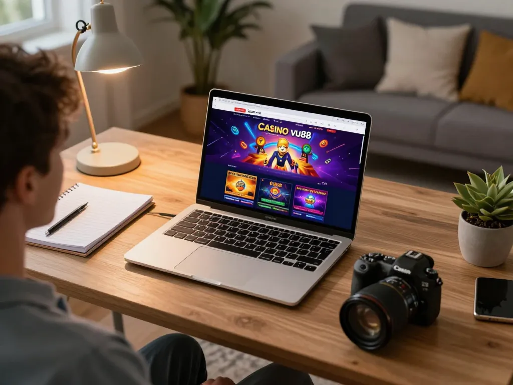 Experience Casino vu88 excitement online with interactive games showcased on sleek laptop in cozy home setup.