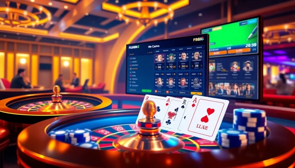 Experience the action of fb88 trang chủ with a thrilling online casino scene featuring poker chips and a roulette wheel.
