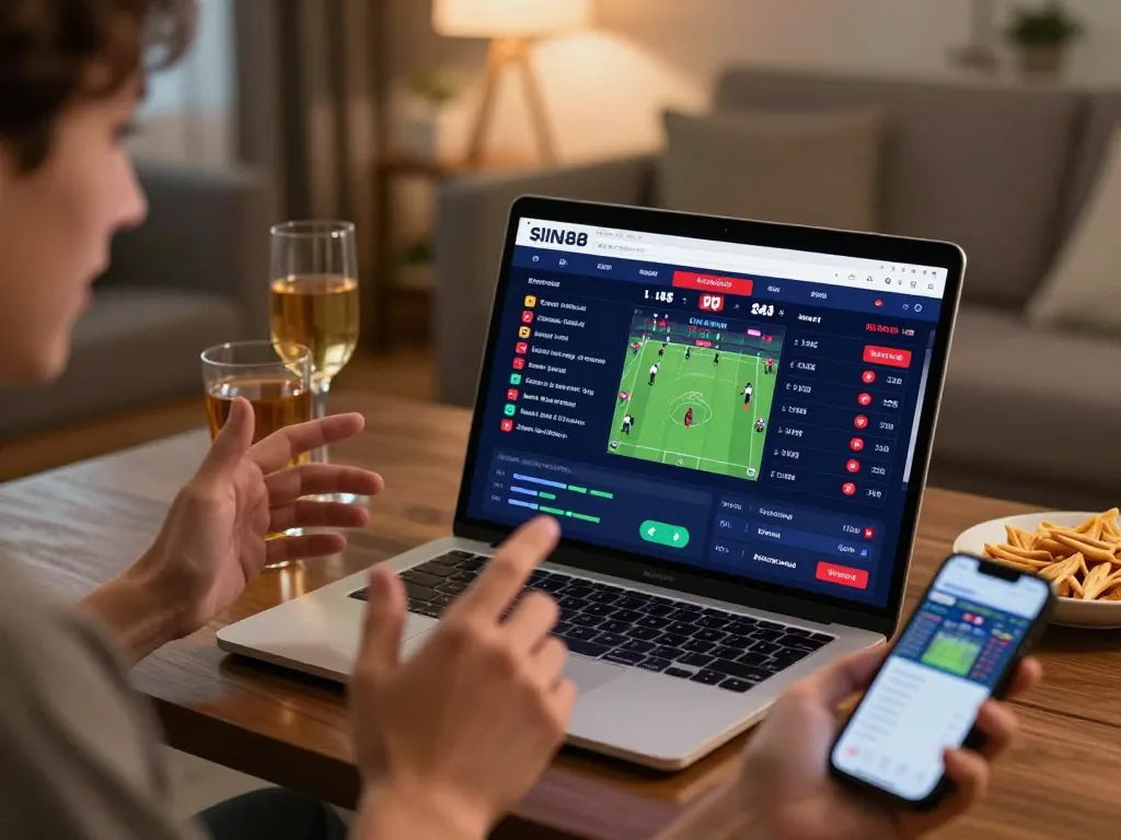 SIN88 betting interface displayed on laptop during an exciting home sports betting session.