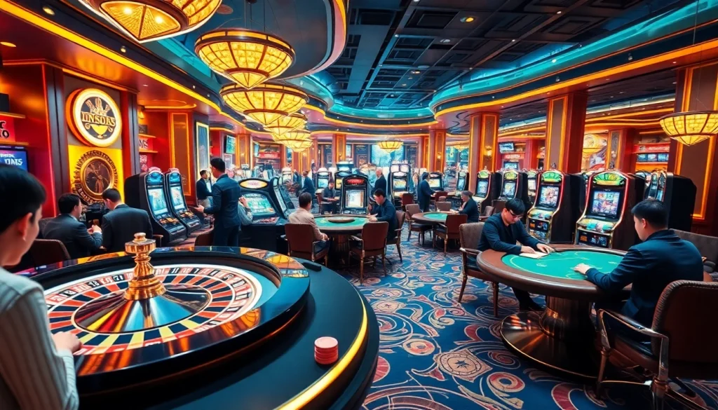 Exciting gaming scene at a luxury casino highlighting nhà cái uy tín with roulette and poker action.