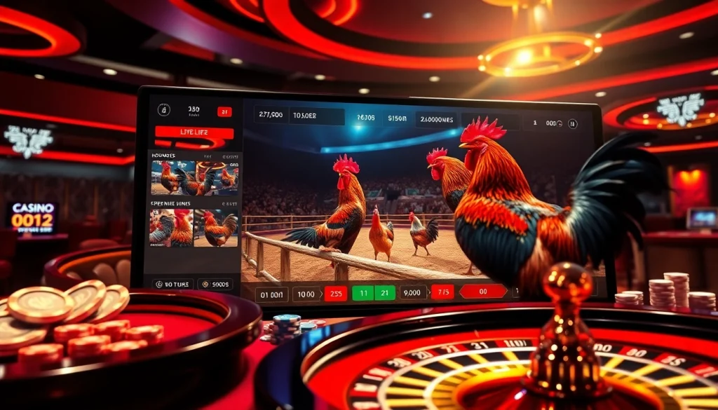 View live đá gà trực tiếp showcasing intense cockfighting moments with betting action.