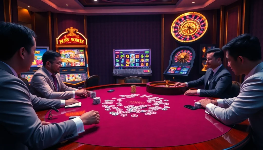 Players enjoying a vibrant poker game at HM88 online casino, surrounded by colorful slot machines.