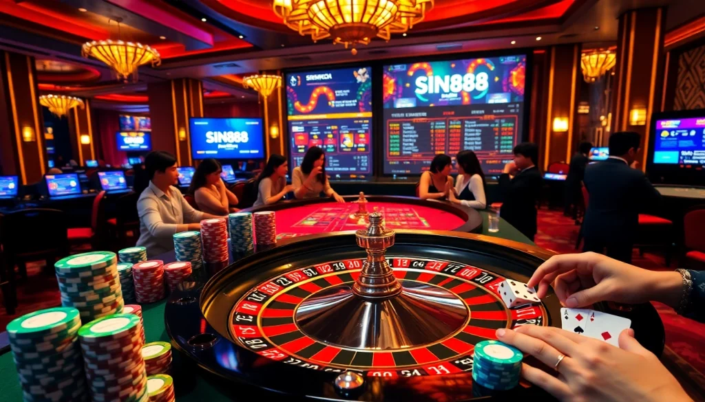 SIN88 players engaging with roulette and poker in an upscale casino environment, showcasing excitement and strategy.