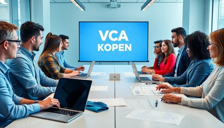 Bespreking over VCA kopen in een moderne werkomgeving met diverse professionals.