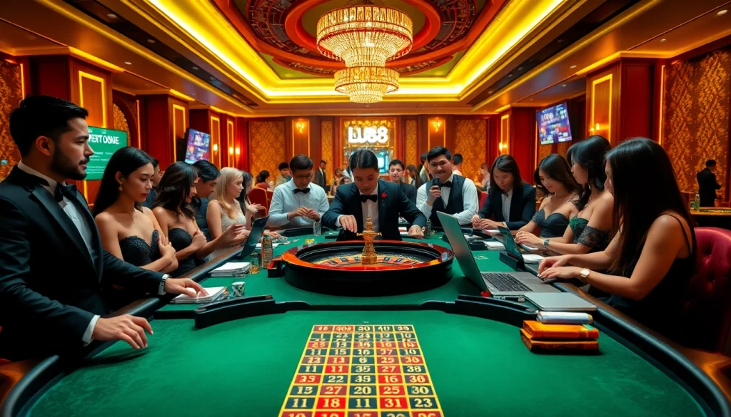 Players enjoying a thrilling gaming experience at LU88 trang chủ, engaging with casino tables and vibrant slot machines.