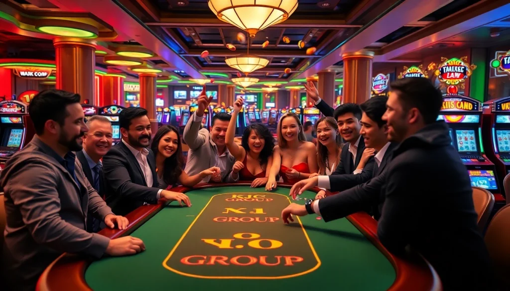 KJC Group branded table showcasing excited gamblers playing poker in a vibrant casino atmosphere.