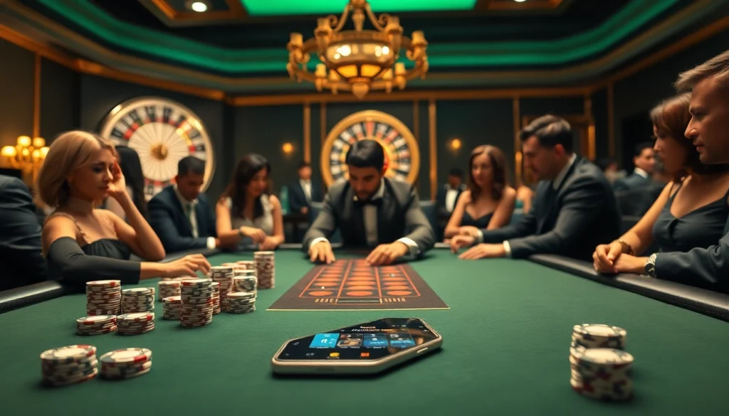 Experience the thrill of gambling with a luxurious casino scene featuring players at a high-stakes poker table, representing https://68vip.uk/.