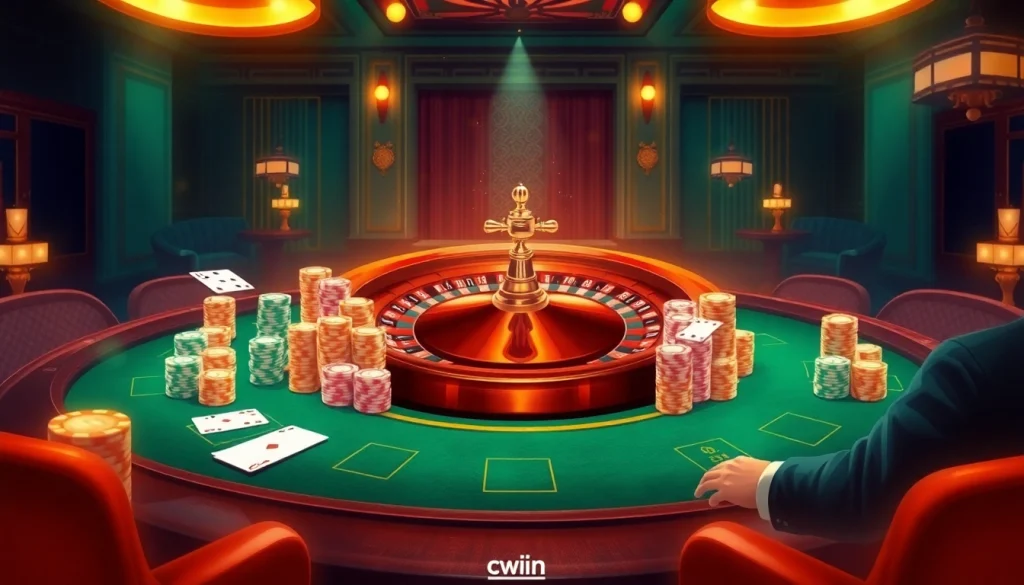High-stakes action at cwin trang chủ with poker chips and roulette wheel capturing the thrill of gambling.