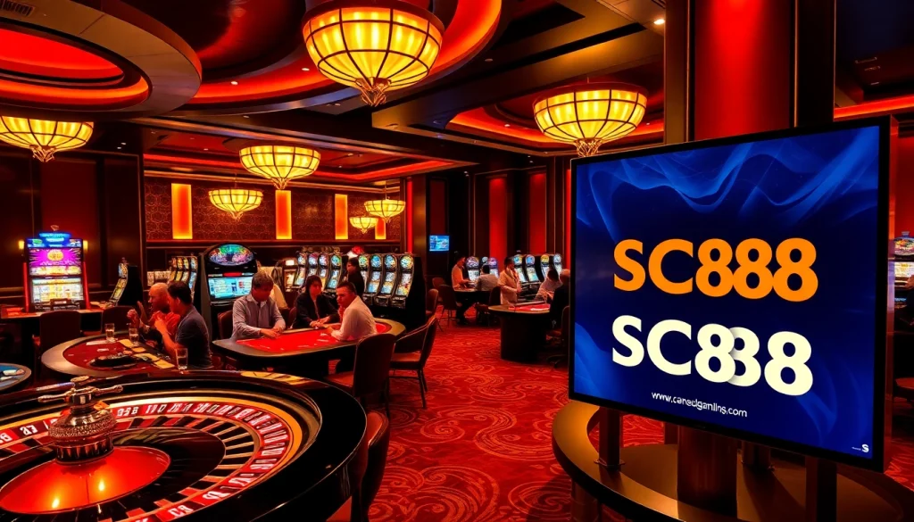 Experience the thrill of gaming at SC88 with lively casino tables and vibrant slot machines.