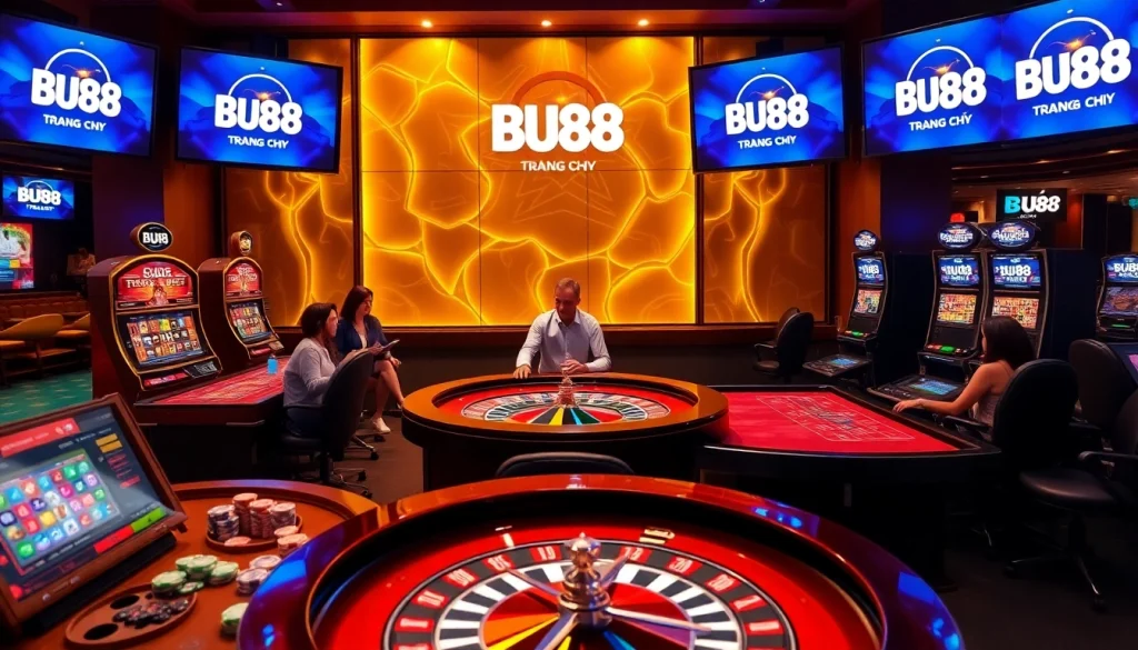 Experience the thrill of gambling with BU88 trang chủ featuring vibrant casino elements and engaged players.