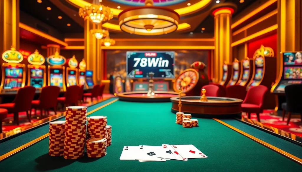 Exciting poker action at 78Win casino, showcasing a vibrant gaming atmosphere with chips and cards.