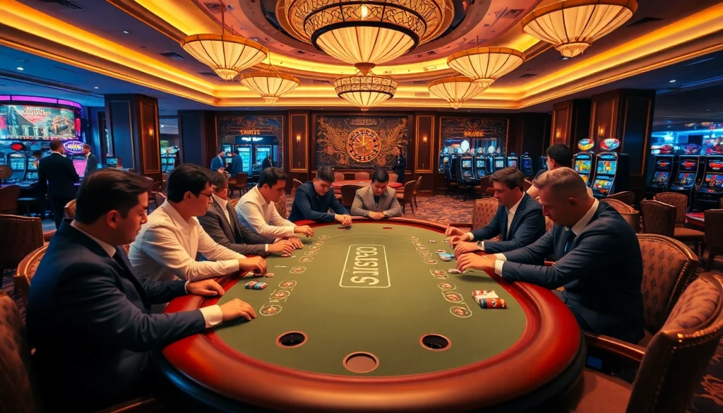 FLY88 có uy tín không showcased with intense poker players in a luxurious casino setting.