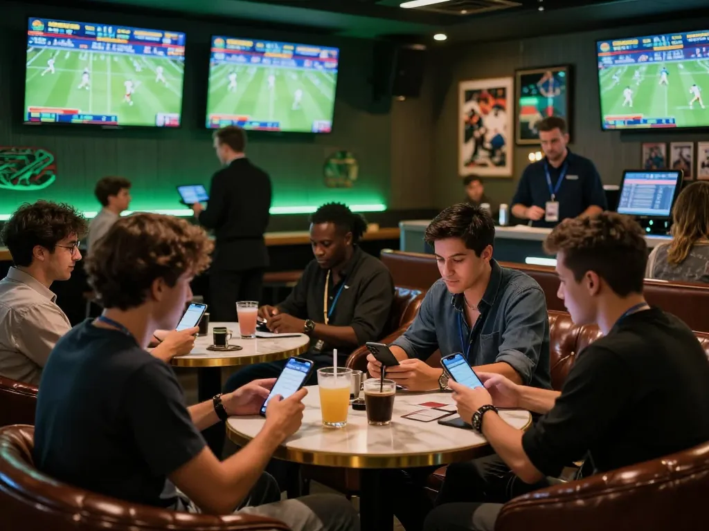 DA88 enthusiasts engaging in live sports betting with smartphones in a stylish lounge atmosphere