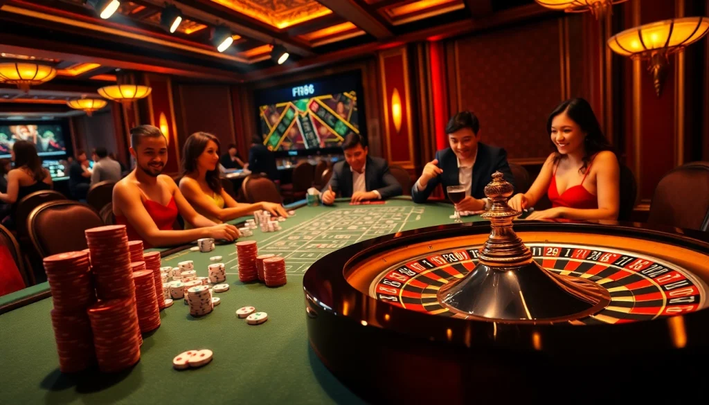 Experience F168 excitement at the vibrant casino table with poker chips, dice, and a roulette wheel.