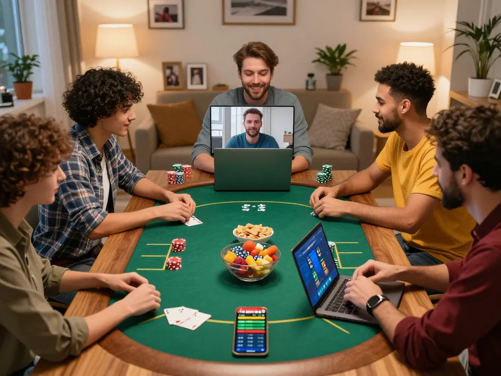 Friends enjoying an online poker night at home while using Casino da88 for their games.