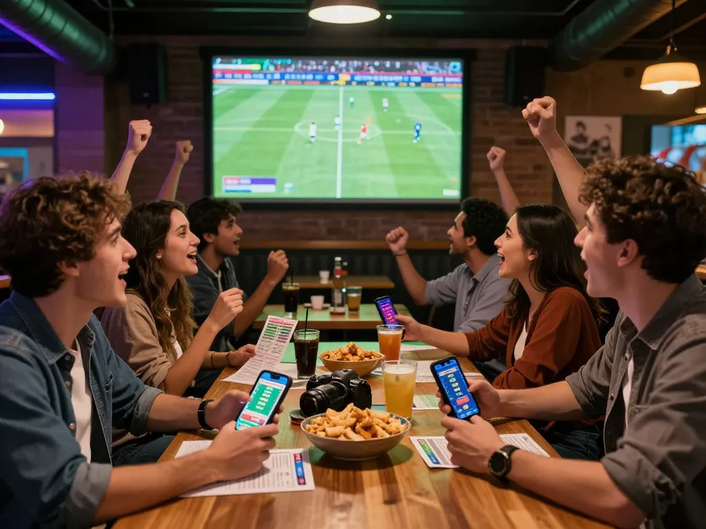 Excited friends watching a football match while soi kèo nhà cái and placing bets at a vibrant sports bar.