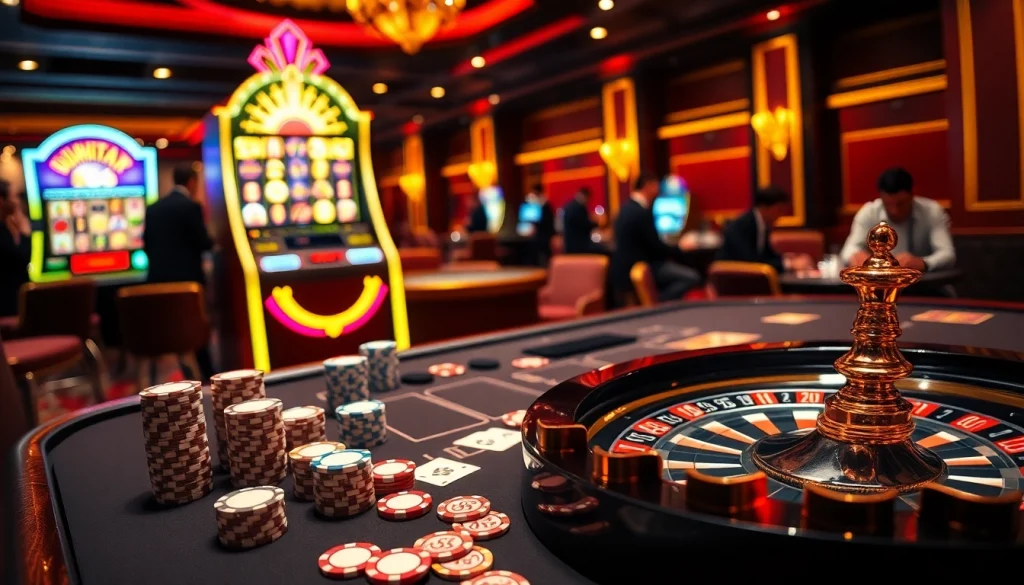 Engage in high-stakes gameplay at MM88 with vibrant casino tables, chips, and roulette.