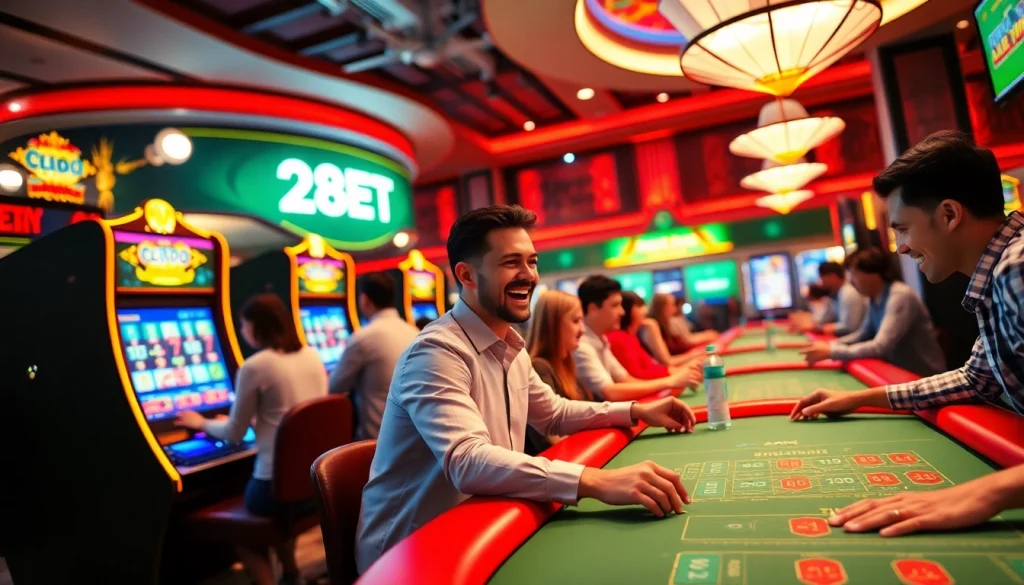 Dynamic casino scene with players engaging at nhà cái 28BET, highlighting excitement and quality entertainment.