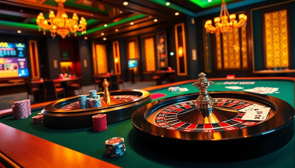 Exciting gambling scene with 99win poker chips and cards on a luxurious casino table