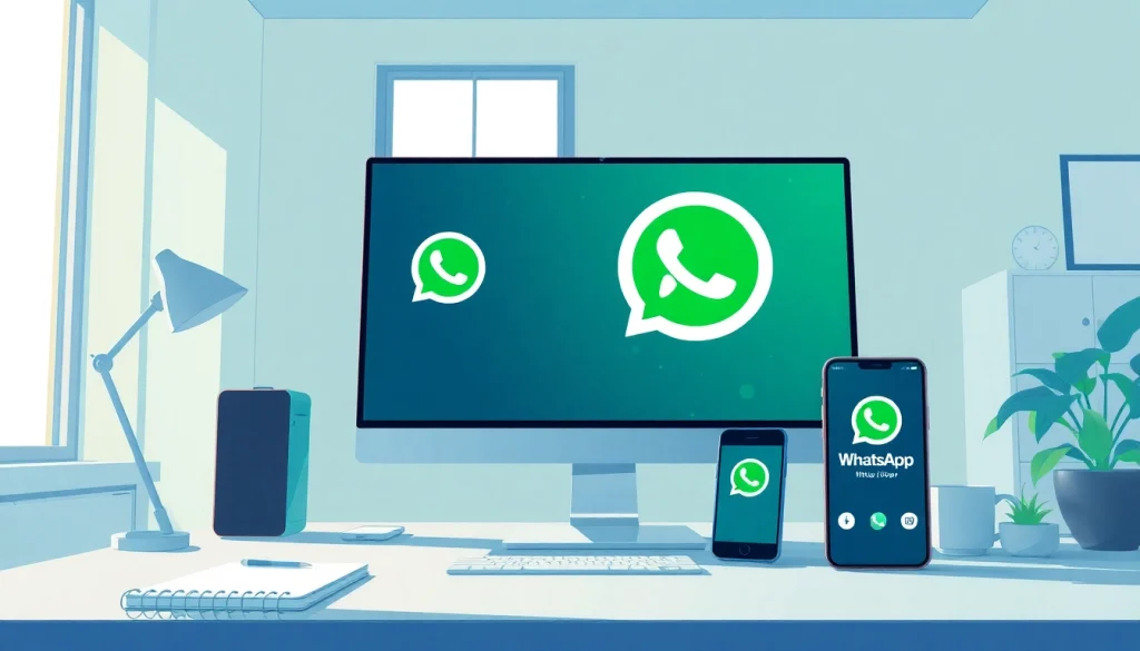 Professional workspace showcasing WhatsApp网页版 on a computer, emphasizing seamless communication.