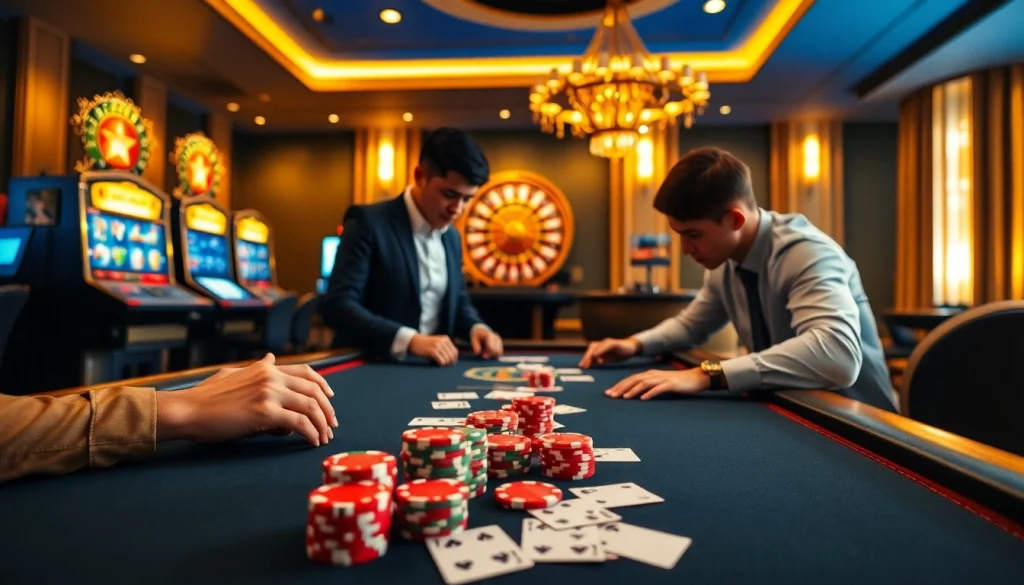 Engage in thrilling action at Trang chủ 11bet's luxurious casino tables with vibrant poker chips.