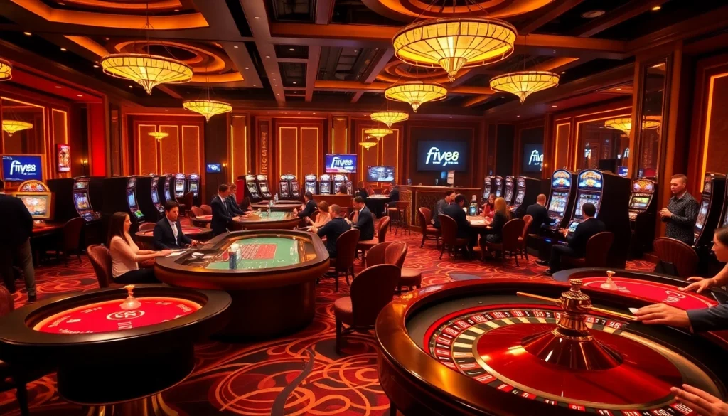 Experience the excitement at the five88 vin online casino with vibrant slot machines, poker tables, and players engaging in thrilling gameplay.