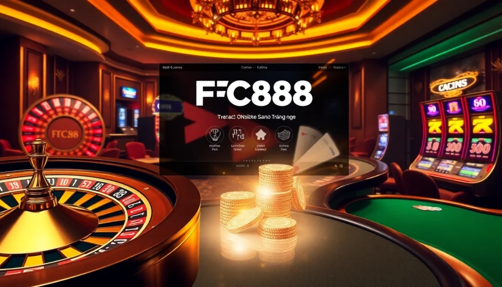Exciting gambling scene with fc88 trang chủ branding, featuring roulette, poker chips, and a vibrant casino atmosphere.
