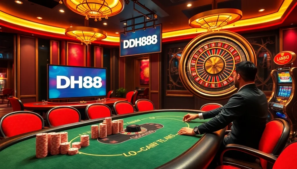 Engage in thrilling gameplay at DH88's luxurious casino, featuring poker and roulette.
