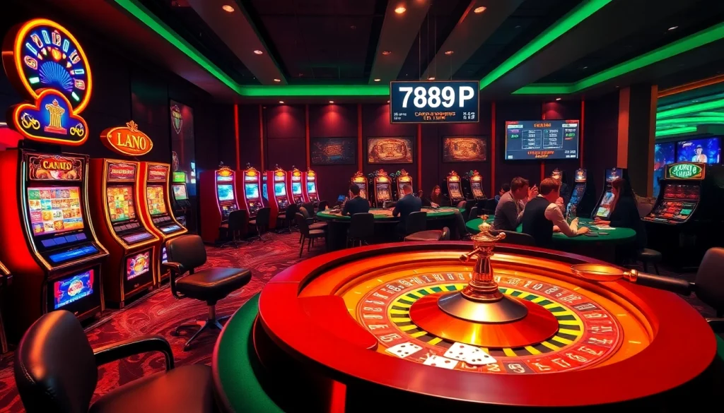 A thrilling casino scene showcasing 789P slot machines, poker tables, and roulette with vibrant colors.