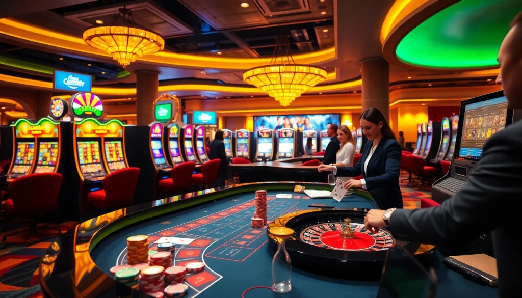Experience high-stakes gaming at luckywin with luxurious casino tables and vibrant slot machines.