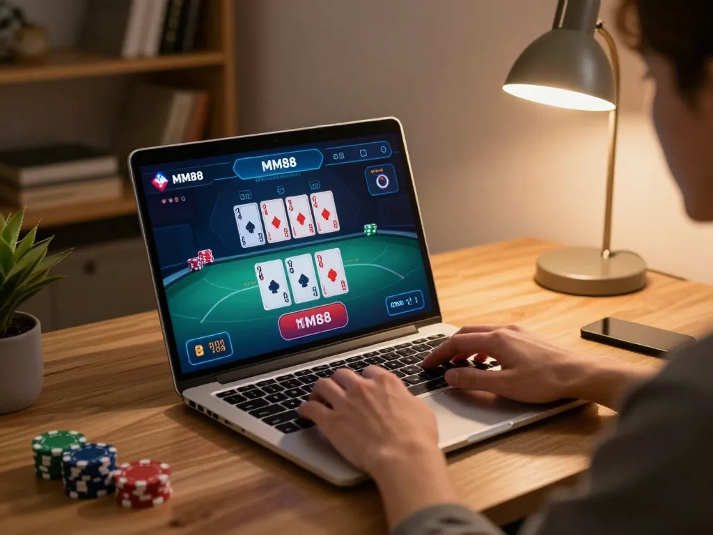 Engaging in strategic blackjack gameplay on MM88, showcasing a modern online setup.