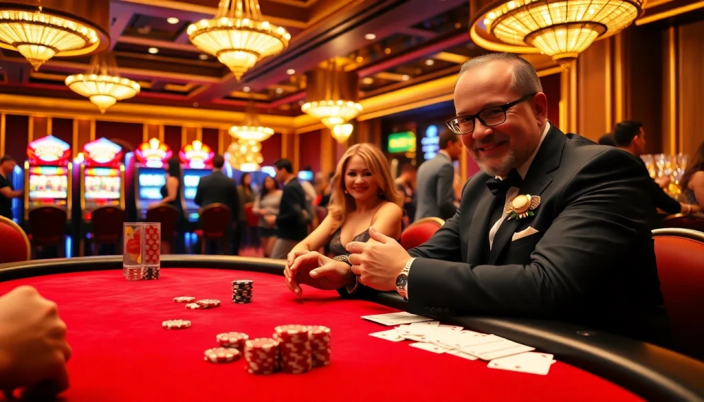 MMOO player engaged in an exciting poker game with colorful chips and cards at a luxurious casino.