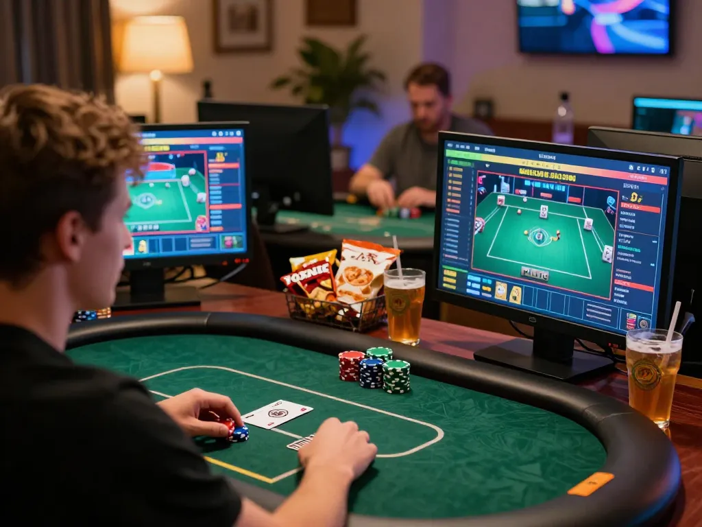 Engaged gamer on a tablet enjoying DEBET poker game with vibrant interface in a cozy home setup.