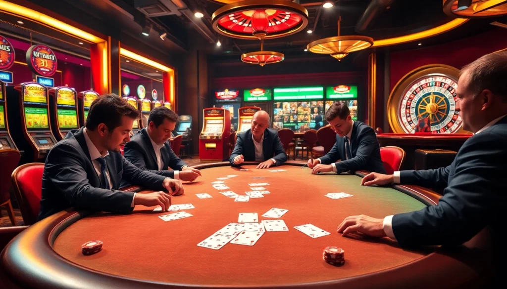 Players engaging in high-stakes poker at a luxurious casino scene highlighting https://five88az.com/.