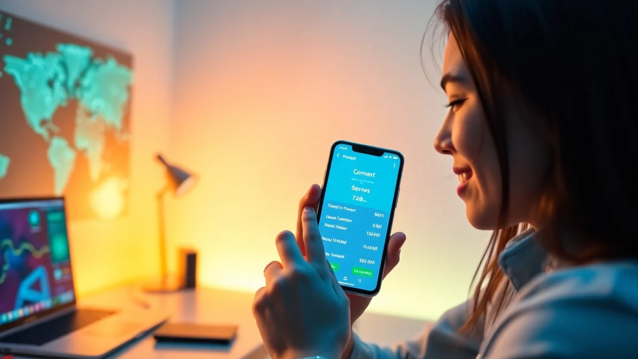 快连官网手机应用在现代办公环境中展示网络速度和连接功能的智能手机界面。