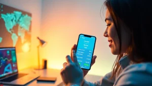 快连官网手机应用在现代办公环境中展示网络速度和连接功能的智能手机界面。